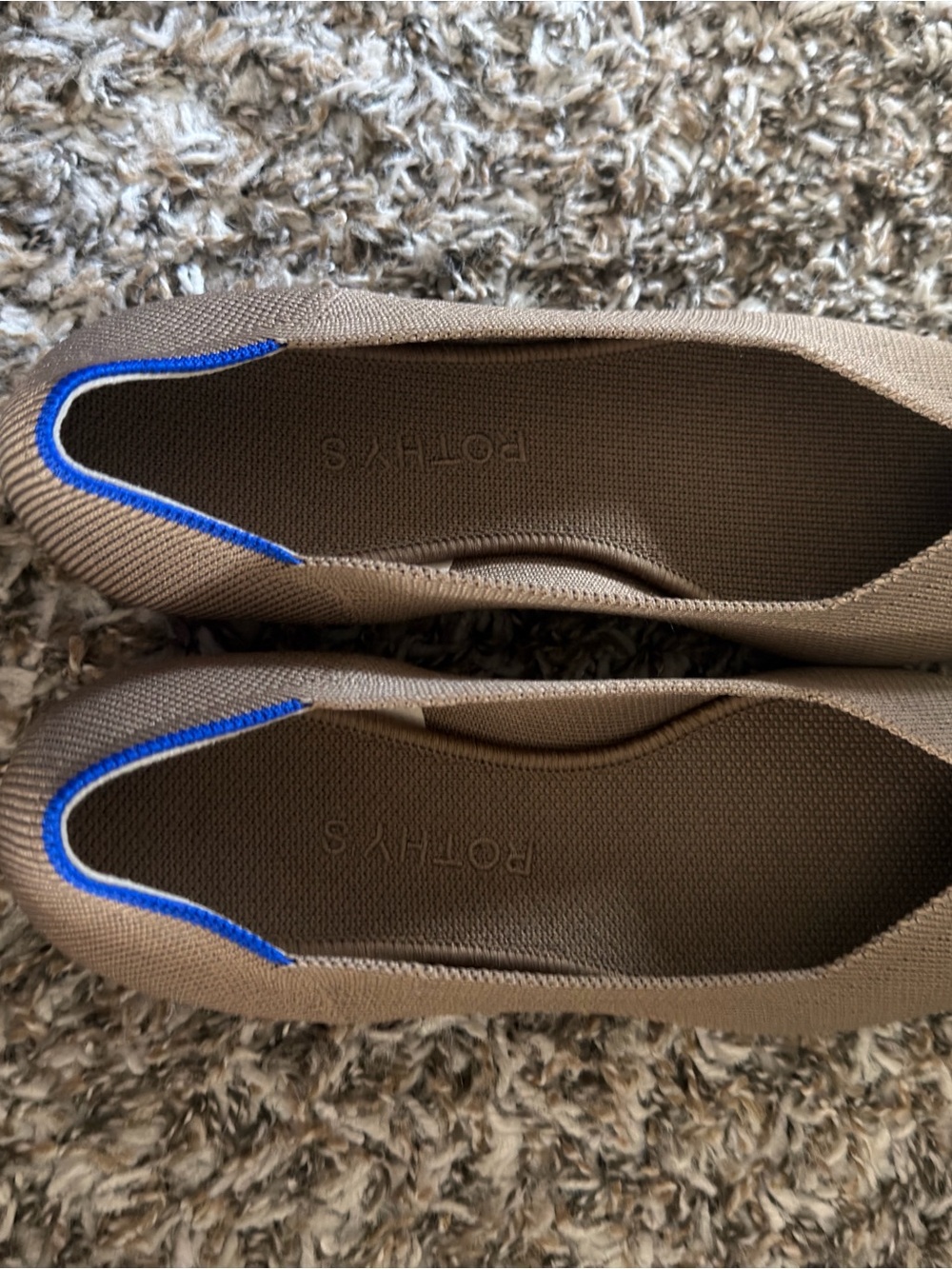 Rothy's Women’s Light Brown Knit Slip-On Shoes with Blue Trim
